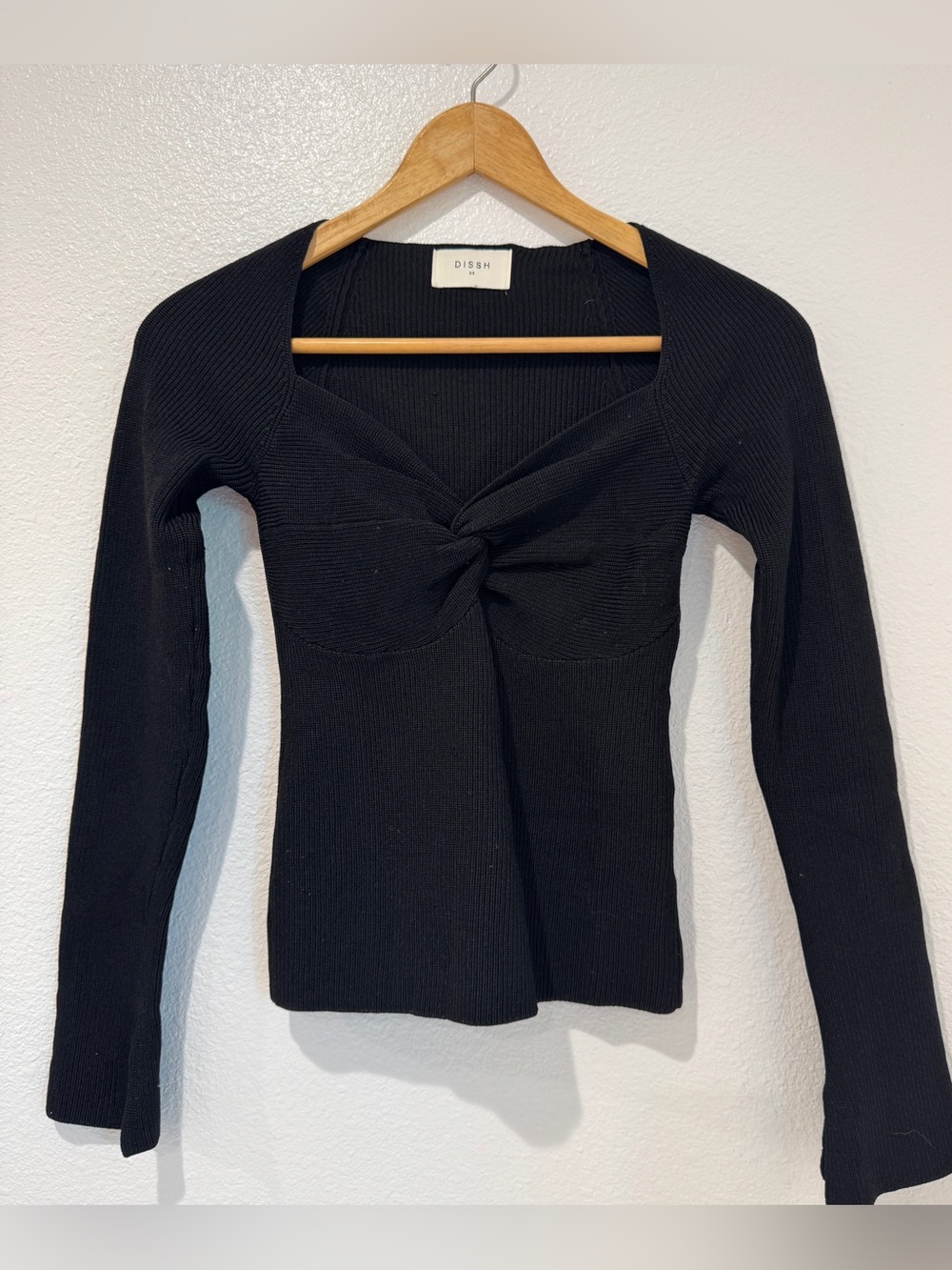 DISSH Black Knit Twist Front Bustier Sweetheart Long Sleeve Top Bodycon Chic XS